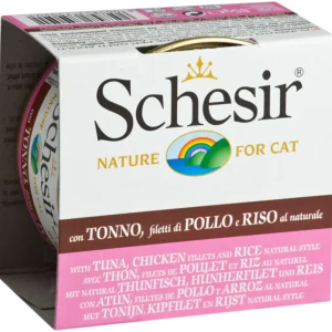 Schesir - Chat Adulte Filets de Poulet, Thon et Riz au Naturel en Eau de Cuisson - Nourriture Humide pour Chats