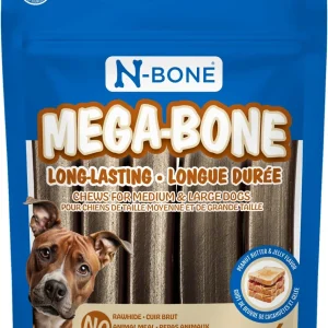 N-Bone Mega-Bone - Bâtonnets Saveur de Beurre de Cacahuète et Gelée - Gâteries Dentaires pour Chiens de Races Moyennes et Grandes Races
