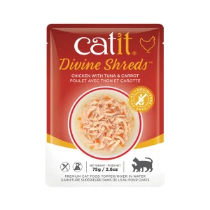 Catit Divine Shreds - Chat Poulet avec Thon et Carotte en Bouillon - Nourriture Humide Sans Grains pour Chats en Sachet