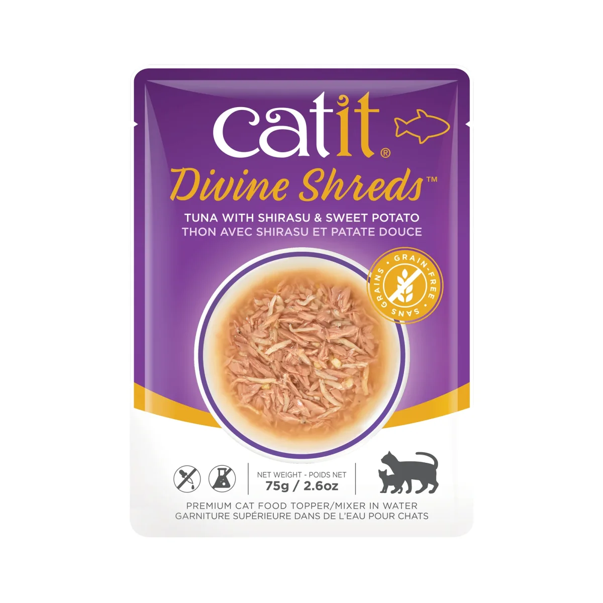 Catit Divine Shreds - Chat Thon avec Shirasu et Patate Douce en Bouillon - Nourriture Humide Sans Grains pour Chats en Sachet