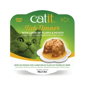 Catit Dinner - Chat Poison avec Garniture de Tilapia et Pommes de Terre en Sauce - Nourriture Humide Sans Grains pour Chats